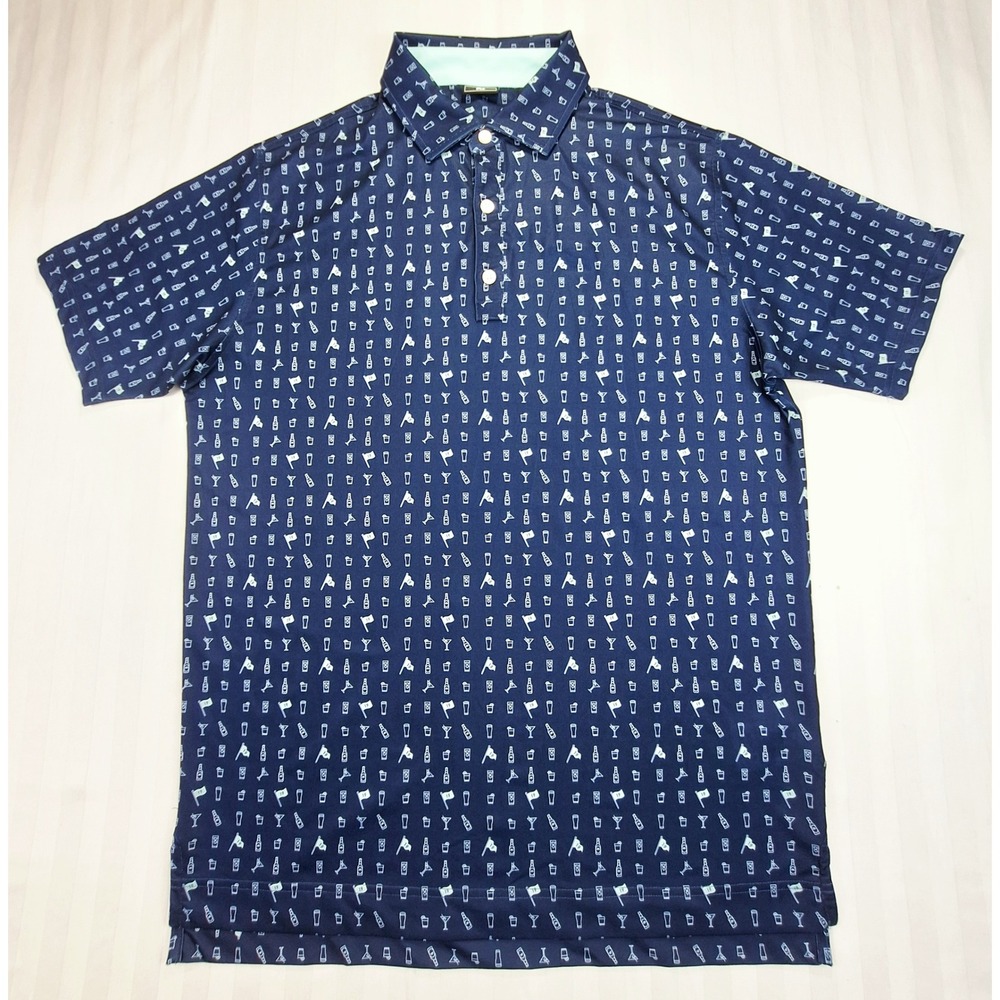 FootJoy Mens Navy Blue 19th Hole Cocktail Print Performance Golf Polo Shirt M